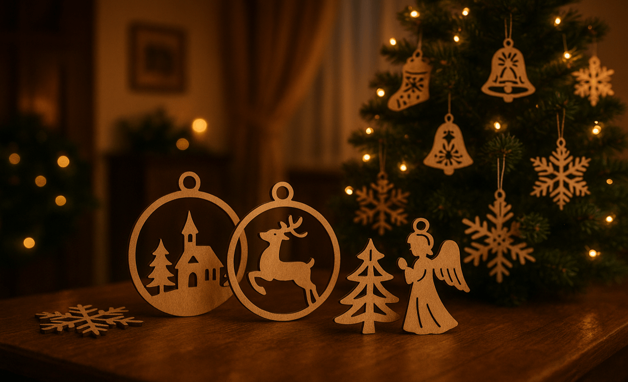 ozdoby świąteczne z plotera laserowego DIY – choinka, anioł, bombka